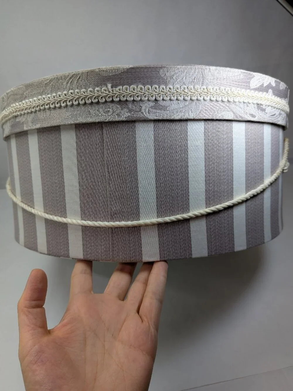 Vintage Striped Brocade Round Hat Box Taupe Cream Fabric Storage Case Unisex